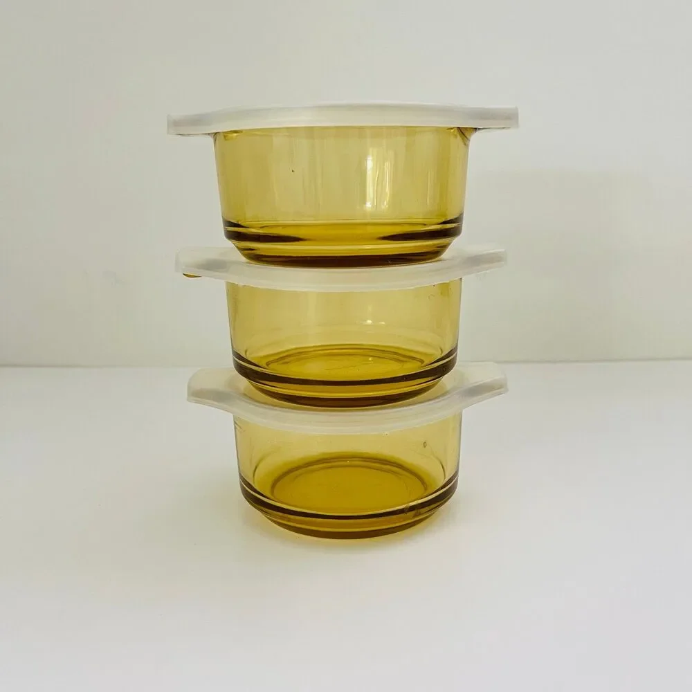 DYNAWARE PYR-O-REY Amber Yellow Glass Small Casserole Dishes With Lids, Set of 3